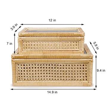 POPRHINO Rattan Decorative Box with Glass Lids, Set of 2 Rectangular Decorative Boxes for Home Décor, Rattan Woven Case for Display, Wicker Storage Decoration (15 x 9.4 x 6 Inch, 12.2 x 7 x 3.9Inch)