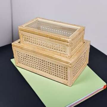 POPRHINO Rattan Decorative Box with Glass Lids, Set of 2 Rectangular Decorative Boxes for Home Décor, Rattan Woven Case for Display, Wicker Storage Decoration (15 x 9.4 x 6 Inch, 12.2 x 7 x 3.9Inch)