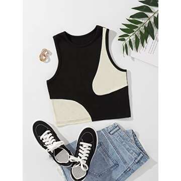 Verdusa Women's Color Block Round Neck Sleeveless Ribbed Crop Tank Top Black M