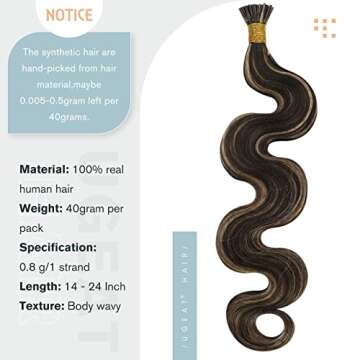Ugeat 16 Inch I Tip Hair Extensions Remy Human Hair Body Wave I Tip Hair Extensions 40 Grams Dark Brown Highlight with Blonde #P4/27 Cold Fusion Hair Extensions