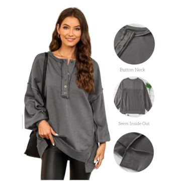 AlvaQ Women’s Oversized Button V Neck Sweatshirt for Fall