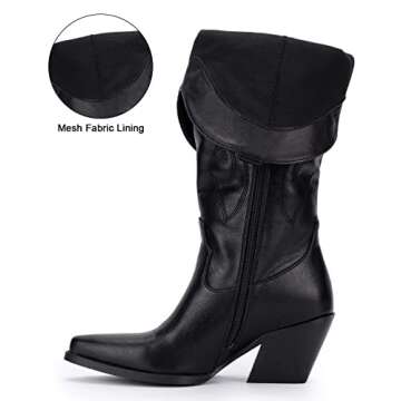 Pasuot Black Cowboy Boots for Women - Wide Calf Cowgirl Knee High Western Boots with Side Zip and Embroidered, Pointed Toe Chunky Heel Retro Classic Tall Boot Pull On for Ladies Fall Winter Size 7