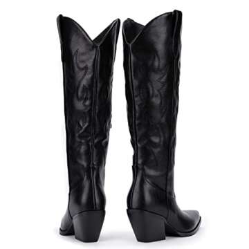 Pasuot Black Cowboy Boots for Women - Wide Calf Cowgirl Knee High Western Boots with Side Zip and Embroidered, Pointed Toe Chunky Heel Retro Classic Tall Boot Pull On for Ladies Fall Winter Size 7