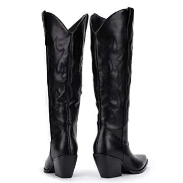 Pasuot Black Cowboy Boots for Women - Wide Calf Cowgirl Knee High Western Boots with Side Zip and Embroidered, Pointed Toe Chunky Heel Retro Classic Tall Boot Pull On for Ladies Fall Winter Size 7