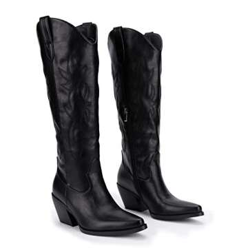 Pasuot Black Cowboy Boots for Women - Wide Calf Cowgirl Knee High Western Boots with Side Zip and Embroidered, Pointed Toe Chunky Heel Retro Classic Tall Boot Pull On for Ladies Fall Winter Size 7