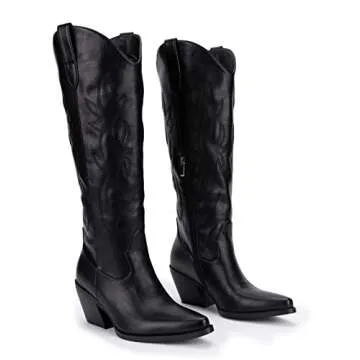 Pasuot Black Cowboy Boots for Women - Wide Calf Cowgirl Knee High Western Boots with Side Zip and Embroidered, Pointed Toe Chunky Heel Retro Classic Tall Boot Pull On for Ladies Fall Winter Size 7