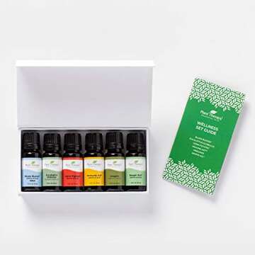 Plant Therapy Wellness Essential Oil Gift Set. Includes: Germ Fighter, Immune-Aid, Respir-Aid, Blues Buster, Eucalyptus and Oregano. 10 mL (1/3 Ounce) each.