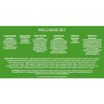 Plant Therapy Wellness Essential Oil Gift Set. Includes: Germ Fighter, Immune-Aid, Respir-Aid, Blues Buster, Eucalyptus and Oregano. 10 mL (1/3 Ounce) each.