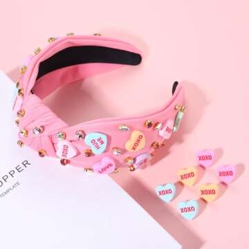 Valentine's Day Headband for Women - Love XOXO Heart Jeweled Accessories Gifts (Pink Set 2)