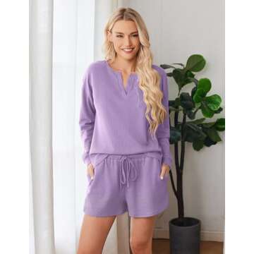 Ekouaer Pajama Set for Women Waffle Knit Lounge Sets Long Sleeve Top and Shorts Matching Loungewear,Lilac,XXL