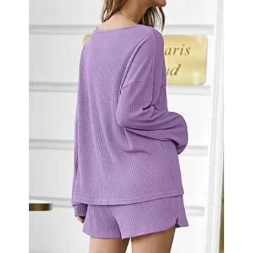 Ekouaer Pajama Set for Women Waffle Knit Lounge Sets Long Sleeve Top and Shorts Matching Loungewear,Lilac,XXL