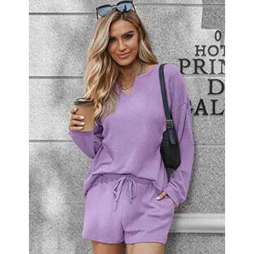 Ekouaer Pajama Set for Women Waffle Knit Lounge Sets Long Sleeve Top and Shorts Matching Loungewear,Lilac,XXL