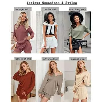 Ekouaer Pajama Set for Women Waffle Knit Lounge Sets Long Sleeve Top and Shorts Matching Loungewear,Lilac,XXL