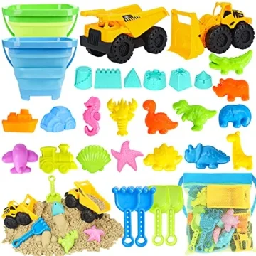 FHOZGECY Beach Toys Set - 31Pcs Sandbox Toys with Trucks & Buckets