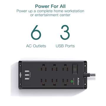 Power Strip Surge Protector, Addtam 6 Outlets and 3 USB Ports 5Ft Long Extension Cord, Flat Plug Overload Surge Protection Outlet Strip, Wall Mount for Home, Office and More, ETL Listed Black