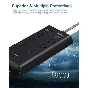 Power Strip Surge Protector, Addtam 6 Outlets and 3 USB Ports 5Ft Long Extension Cord, Flat Plug Overload Surge Protection Outlet Strip, Wall Mount for Home, Office and More, ETL Listed Black