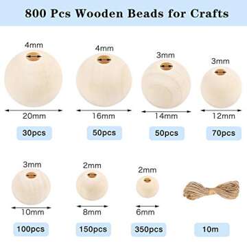 UOONY 800pcs Wooden Beads for Crafts - Natural Unfinished Wood Beads Pack - 6mm to 20mm Assortment f...