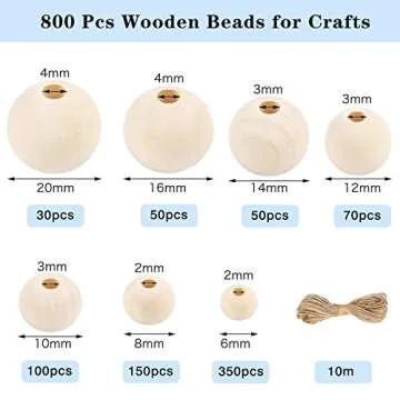 UOONY 800pcs Wooden Beads for Crafts - Natural Unfinished Wood Beads Pack - 6mm to 20mm Assortment f...