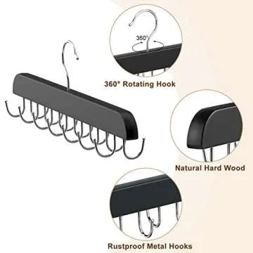 Belt Hanger for Closet Max 42 Belts, Belt Organizer Closet Accessories with 14 Hooks Belt Rack Sturdy Wood for Closet Organizers and Storage- 2 Pack Black