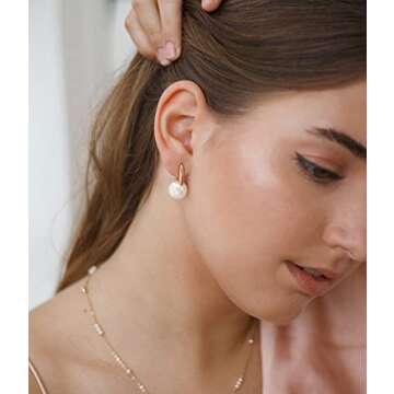 Aobei Pearl 18K Gold Plated Leverback Hoop Handpicked White Round Shell Pearl Drop Dangle Earring fo...