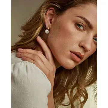 Aobei Pearl 18K Gold Plated Leverback Hoop Handpicked White Round Shell Pearl Drop Dangle Earring for Women Minimalist Simulated Pearl Ear Jewelry for Wedding Bridesmaids Gift