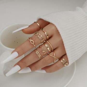 FAXHION Gold Knuckle Rings Set for Women Snake Chain Stacking Ring Vintage BOHO Midi Rings SIze Mixed