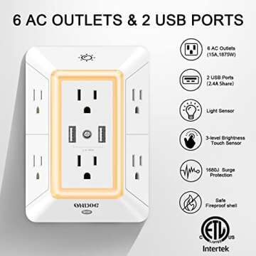 Multi Plug Outlet, Outlet Expanders, ONDOG Surge Protector with 6-Outlet Extender and 2 USB Ports an...
