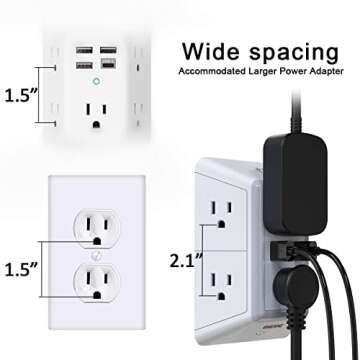 Multi Plug Outlet, Outlet Expanders, ONDOG Surge Protector with 6-Outlet Extender and 2 USB Ports and Night Light, 3-Sided Power Strip with Adapter Spaced Outlets - White，ETL Listed