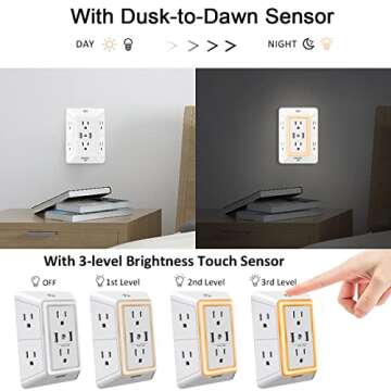 Multi Plug Outlet, Outlet Expanders, ONDOG Surge Protector with 6-Outlet Extender and 2 USB Ports and Night Light, 3-Sided Power Strip with Adapter Spaced Outlets - White，ETL Listed