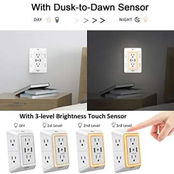 Multi Plug Outlet, Outlet Expanders, ONDOG Surge Protector with 6-Outlet Extender and 2 USB Ports and Night Light, 3-Sided Power Strip with Adapter Spaced Outlets - White，ETL Listed