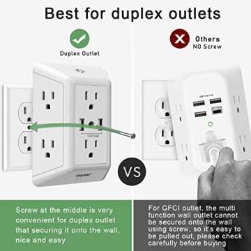 Multi Plug Outlet, Outlet Expanders, ONDOG Surge Protector with 6-Outlet Extender and 2 USB Ports and Night Light, 3-Sided Power Strip with Adapter Spaced Outlets - White，ETL Listed