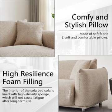 3 Seater Oversized Cloud Couch Loveseat Sofa with 2 Pillows, Comfy Sherpa Lambswool Fabric Minimalist Modular Sectional Sofa Couches with Metal Legs for Small Spaces Living Room Apartment, Beige