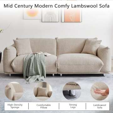 3 Seater Oversized Cloud Couch Loveseat Sofa with 2 Pillows, Comfy Sherpa Lambswool Fabric Minimalist Modular Sectional Sofa Couches with Metal Legs for Small Spaces Living Room Apartment, Beige