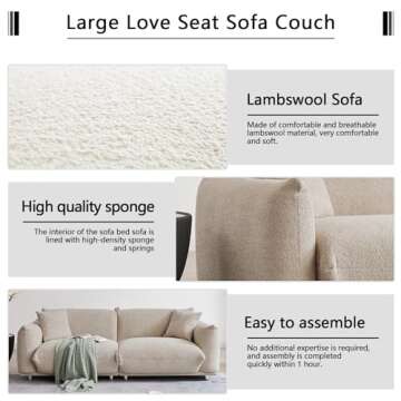 3 Seater Oversized Cloud Couch Loveseat Sofa with 2 Pillows, Comfy Sherpa Lambswool Fabric Minimalist Modular Sectional Sofa Couches with Metal Legs for Small Spaces Living Room Apartment, Beige