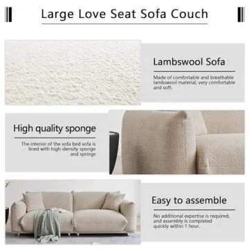 3 Seater Oversized Cloud Couch Loveseat Sofa with 2 Pillows, Comfy Sherpa Lambswool Fabric Minimalist Modular Sectional Sofa Couches with Metal Legs for Small Spaces Living Room Apartment, Beige