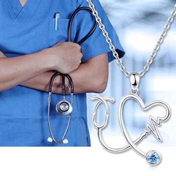 PRAYMOS Nurse Gifts for Women 925 Sterling Silver Stethoscope Necklace Blue School Student New Future Registered Nurse Heartbeat Pendant Necklace Gifts for Nurses