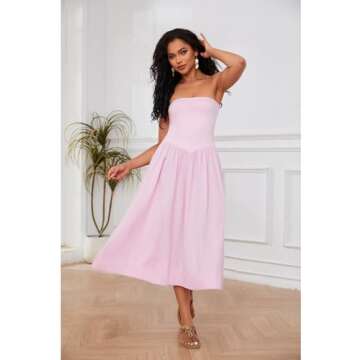 Livtany Women Off Shoulder Midi Dress Strapless Sleeveless Drop-Waist A Line Tube Dress Trendy Summer Swing Patchwork Dress Pink