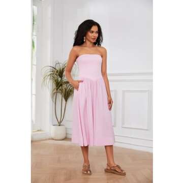 Livtany Women Off Shoulder Midi Dress Strapless Sleeveless Drop-Waist A Line Tube Dress Trendy Summer Swing Patchwork Dress Pink