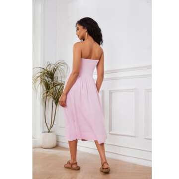 Livtany Women Off Shoulder Midi Dress Strapless Sleeveless Drop-Waist A Line Tube Dress Trendy Summer Swing Patchwork Dress Pink
