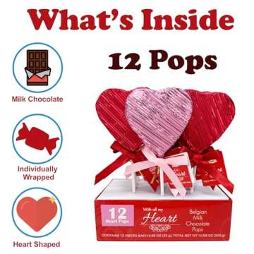 Valentine's Chocolate Heart Lollipops, 12 Count, Individually Wrapped Belgian Milk Chocolate Heart P...