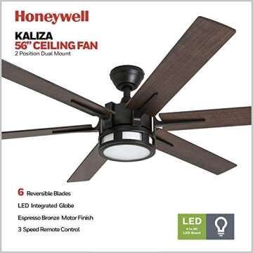 Honeywell Ceiling Fans Kaliza Modern 56 Inch Ceiling Fan with Light, Remote Control Fan, LED Indoor ...