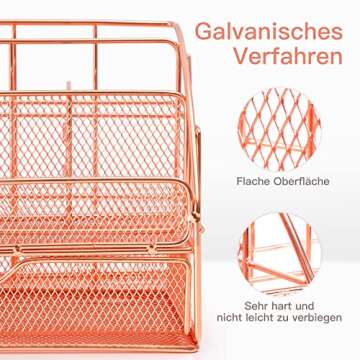 ARCOBIS Desk Tidy Drawer Organiser, Office Stationary Desktop Pen Holder with 5 Compartments + 1 Large Drawer | The Mesh Collection, Rose Gold