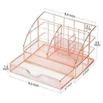 ARCOBIS Desk Tidy Drawer Organiser, Office Stationary Desktop Pen Holder with 5 Compartments + 1 Large Drawer | The Mesh Collection, Rose Gold