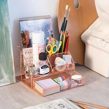 ARCOBIS Desk Tidy Drawer Organiser, Office Stationary Desktop Pen Holder with 5 Compartments + 1 Large Drawer | The Mesh Collection, Rose Gold