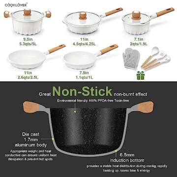 Nonstick Cookware Set Non Toxic 100% PFOA Free Compatible Induction Pots and Pans Sets with Glass Lid 13 Piece (White)