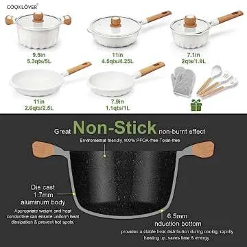 Nonstick Cookware Set Non Toxic 100% PFOA Free Compatible Induction Pots and Pans Sets with Glass Lid 13 Piece (White)