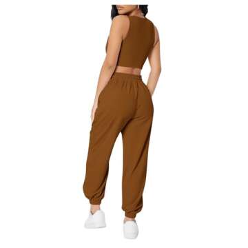 Floerns Women's Solid Drawstring Waist Jogger Set Crop Tank Top Two Piece Outfit Brown Petite L