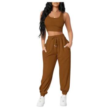 Floerns Women's Solid Drawstring Waist Jogger Set Crop Tank Top Two Piece Outfit Brown Petite L