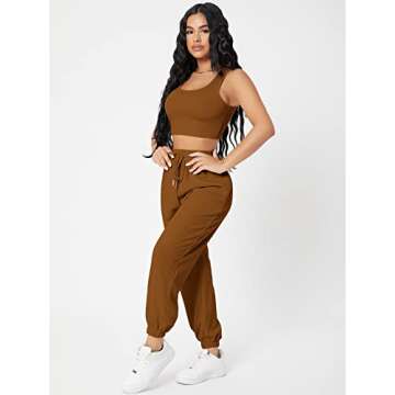 Floerns Women's Solid Drawstring Waist Jogger Set Crop Tank Top Two Piece Outfit Brown Petite L