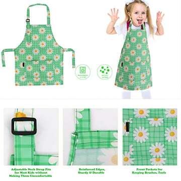 BeeGreen Kids Apron 2 Pack Cooking Aprons with Adjustable Strap Kids Kitchen Aprons with Front Pocket for Girls Toddler Painting Baking Artist Washable Lightweight (Green Daisy Flower+ Blue Flower)